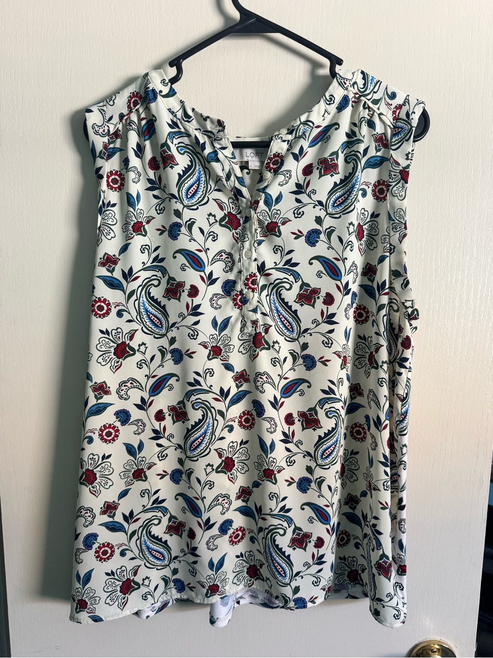 LOFT White Paisley & Floral Sleeveless Top with Blue and Red Accents